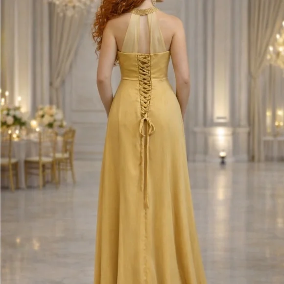 NWOT Gold Champagne Women’s Formal Military Kentucky Derby Wedding Gale Gown 10 - Picture 8 of 10